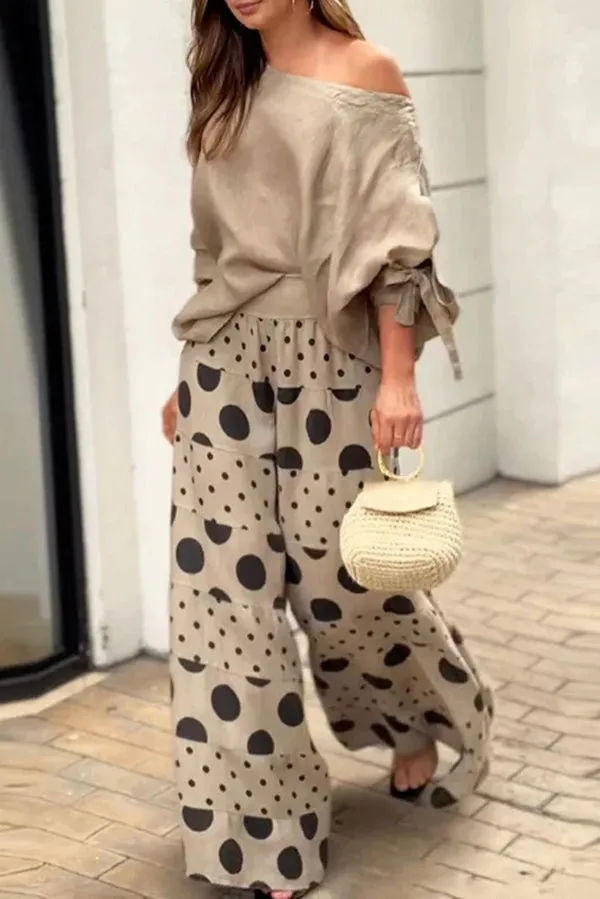 Stylish Tie-cuff Loose Top and Polka Dot Print Pocket Wide Leg Pants Set