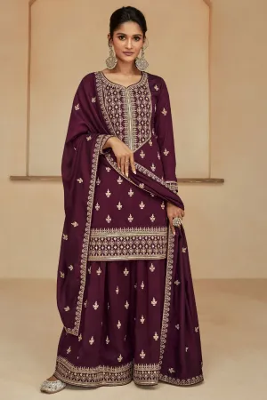 Sushrii Mishraa Soothing Wine Color Readymade Art Silk Palazzo Suit