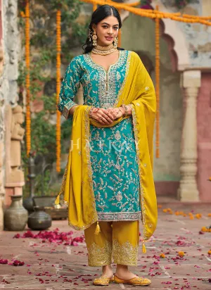 Teal And Yellow Embroidered Pakistani Suit