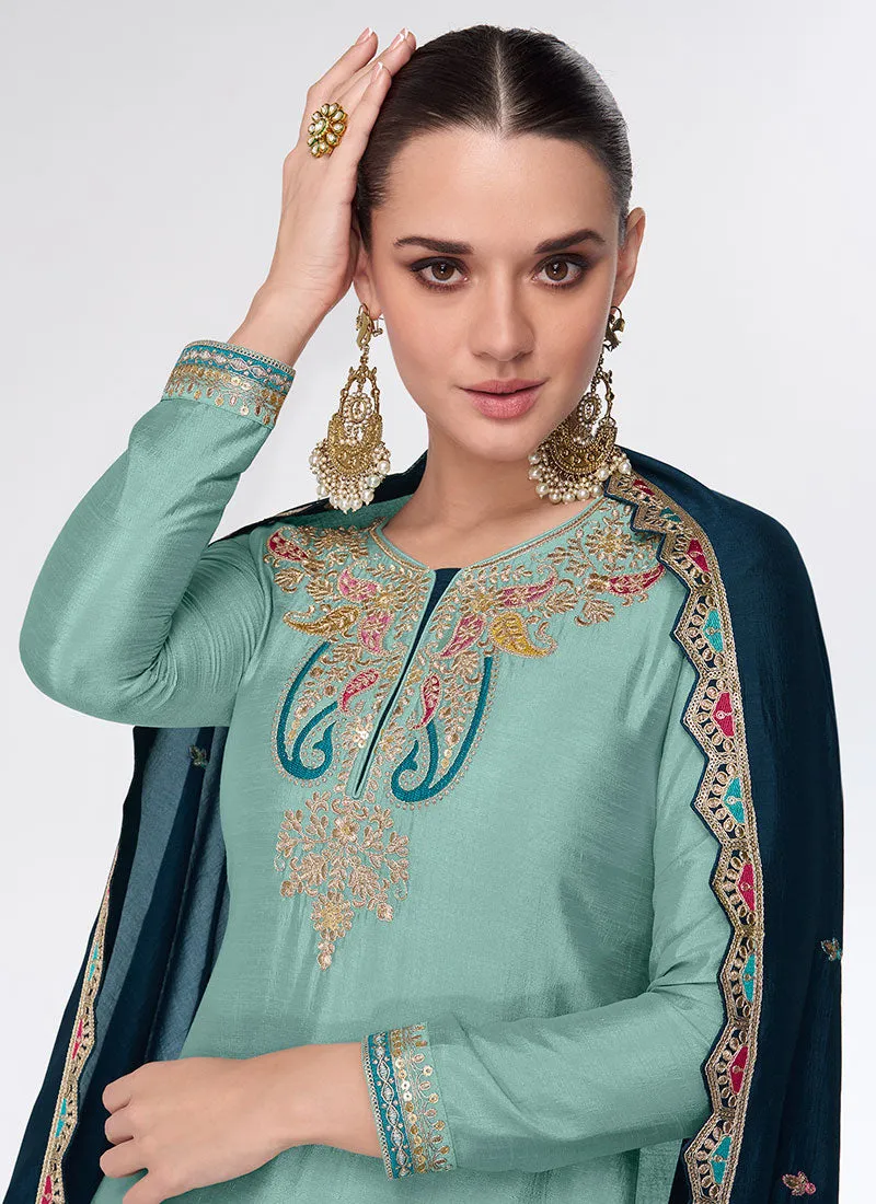 Turquoise Two Tone Multi Embroidery Lehenga Kurti And Dupatta