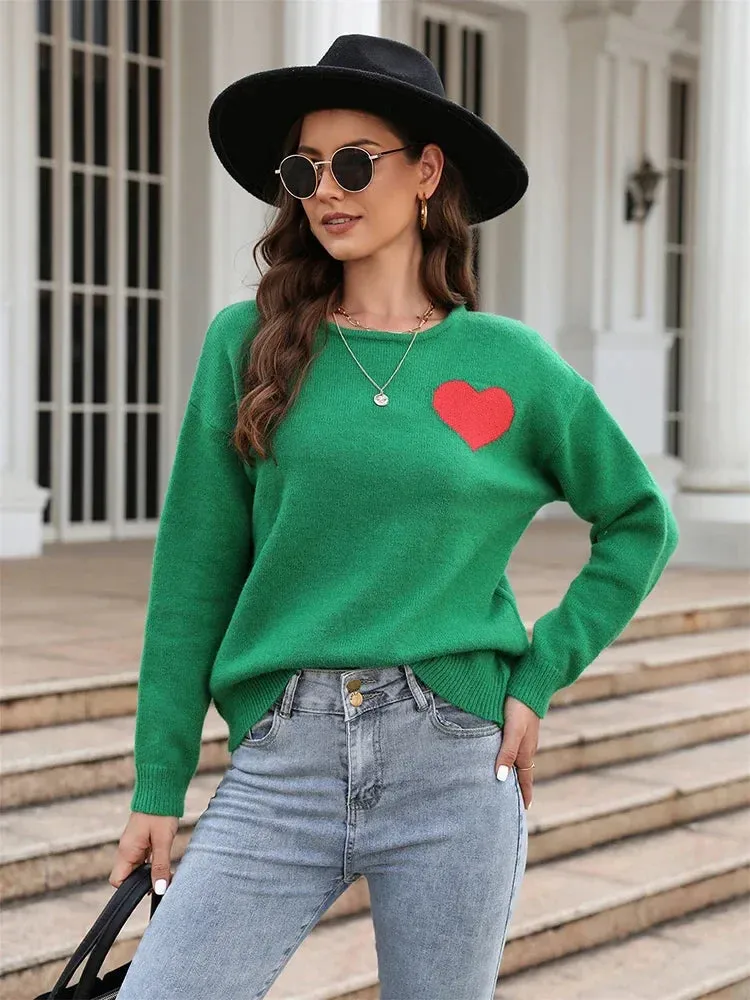 Wenkouban-Christmas Thanksgiving outfits_Fitshinling Heart Basic Autumn Winter Long Sleeve Cozy Green Christmas Sweater