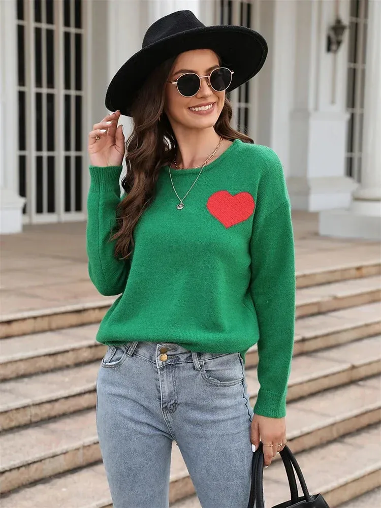 Wenkouban-Christmas Thanksgiving outfits_Fitshinling Heart Basic Autumn Winter Long Sleeve Cozy Green Christmas Sweater