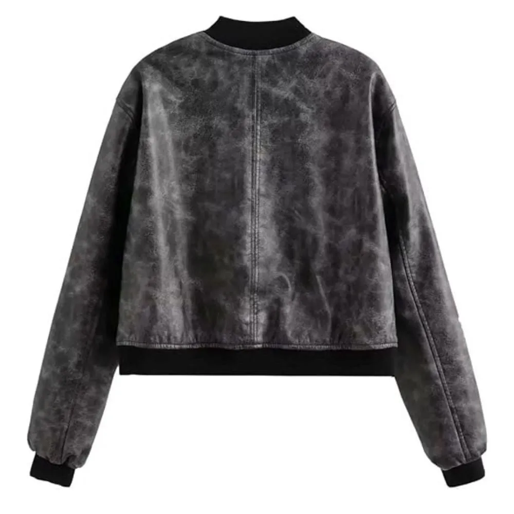 Women’s Distressed Grey Bomber Genuine Sheepskin Leather Jacket