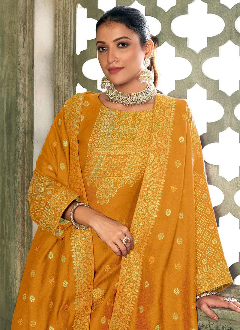 Yellow Multi Embroidery Pashmina Salwar Kameez Suit